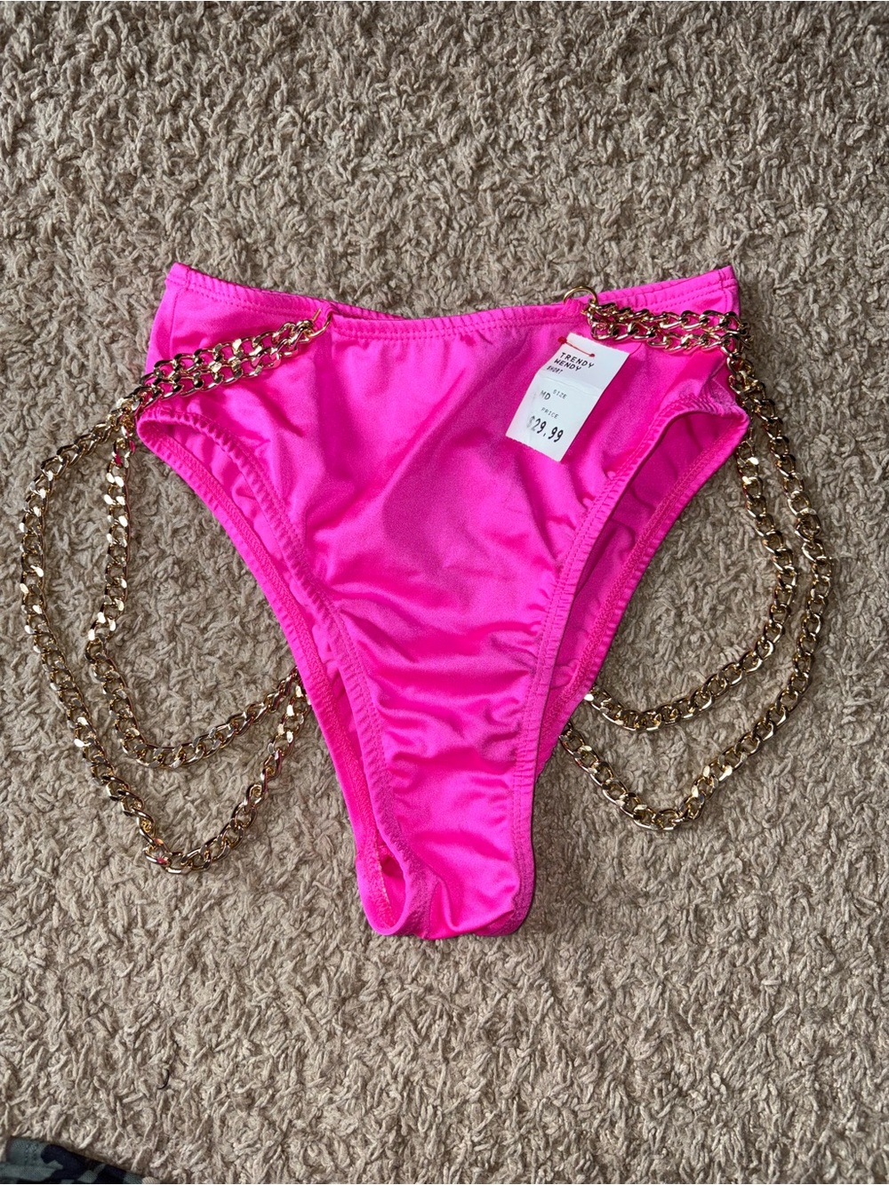 WEN Hot Pink Bikini Bottom with Gold Chain Accent